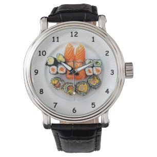 Coola Sushi och lax på en vit platta Armbandsur
