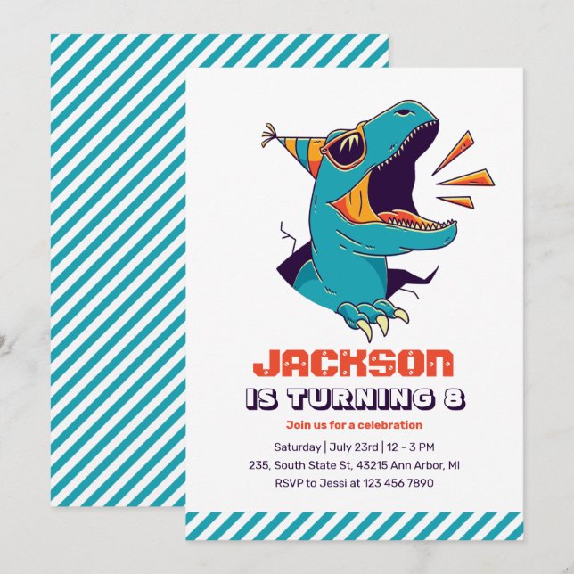 Coola T-Rex Dinosaur Boys Birthday Inbjudningar (Fram/baksida)