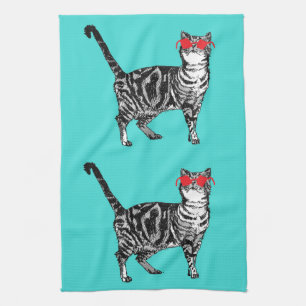 Coola Tabby katt Sunglass Aqua Kitchen Tea Towel Kökshandduk
