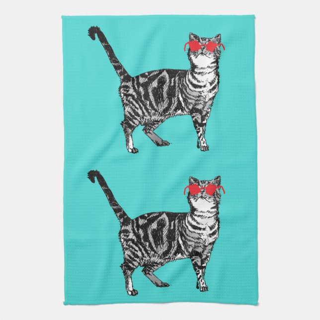 Coola Tabby katt Sunglass Aqua Kitchen Tea Towel Kökshandduk (Vertikal)
