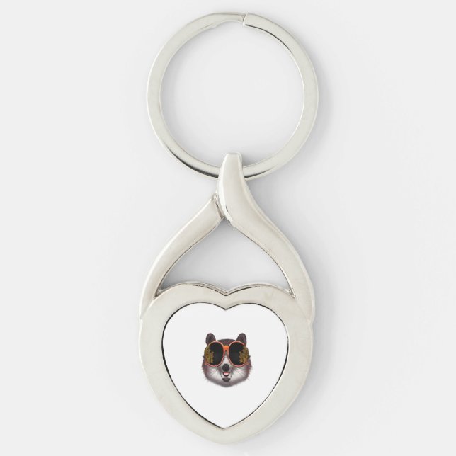 Coola Tanuki med ornerade solglasögon Twisted Heart Silverfärgad Nyckelring (Framsidan)