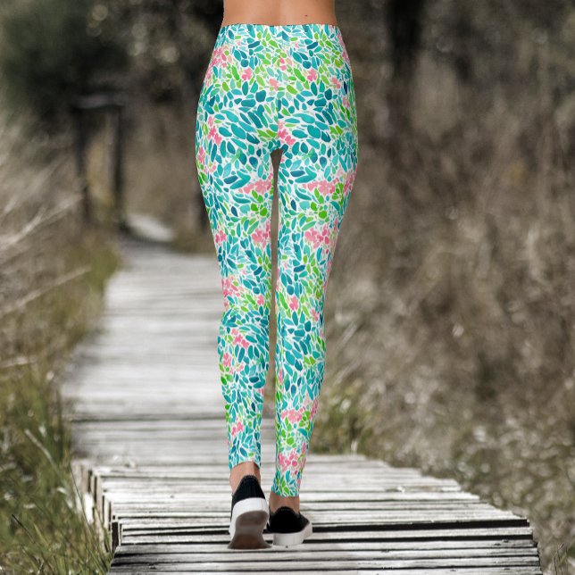 Coola Teal Blommigt botaniskt vattenfärgen Mönster Leggings (Skapare uppladdad)