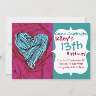 Coola Teal Blue Heart på Shock rosa Fabric Loely Inbjudningar
