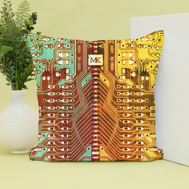 Coola Teal Gult Unik Retro Steampunk Monogram Kudde (Skapare uppladdad)