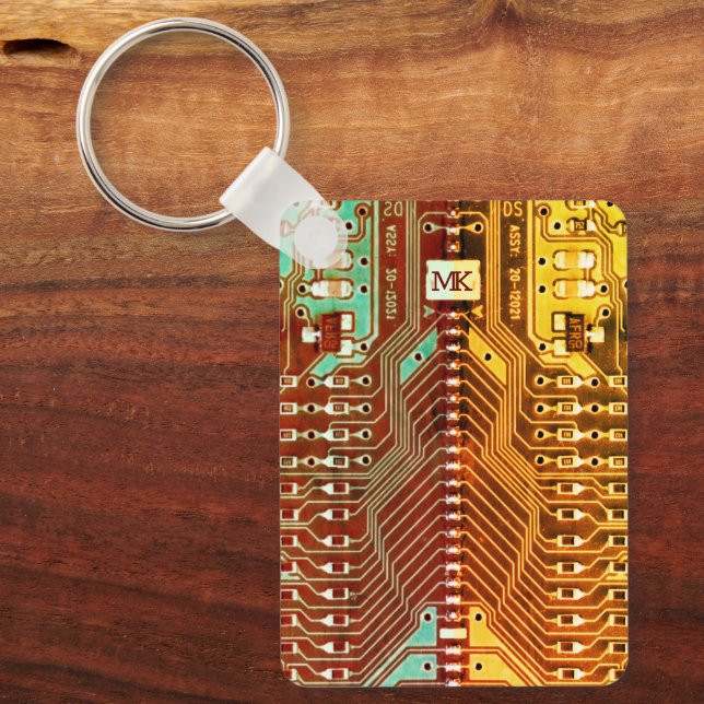 Coola Teal Gult Unik Retro Steampunk Monogram Nyckelring (Framsida)