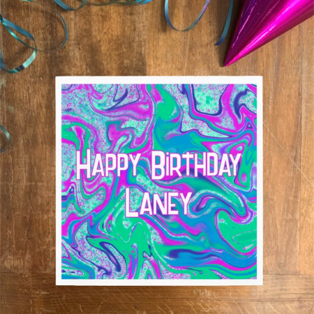 Coola Teal Lila Glitter Anpassningsbar Födelsedags Pappersservett (Vibrant color cool aqua n pink swirls give fun vibe for personalized Happy Birthday party napkins.

)