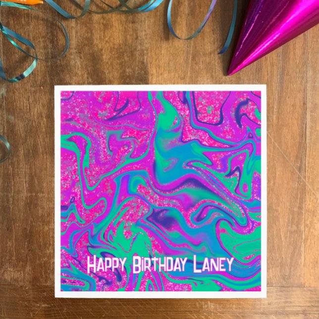 Coola Teal Lila Glitter Birthday Slime Party Pappersservett (Custom Happy Birthday bright pink teal swirl napkins. Unique cool slime party glitter design
)