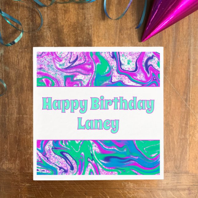 Coola Teal Lila Swirl Anpassningsbar Födelsedagsfe Pappersservett (Personalize this Happy Birthday vibrant teal purple cool swirl napkin. Good vibes girls birthday.
)
