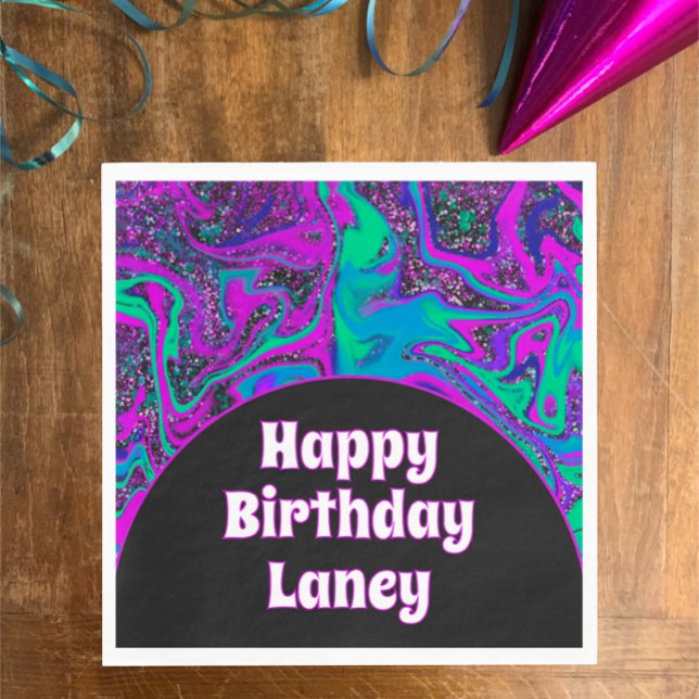 Coola Teal Rosa Glitter Anpassningsbar Grattis på  Pappersservett (Personalized Vibrant trendy glitter swirl Happy Birthday party napkin. Unique girls tween teen vibe )