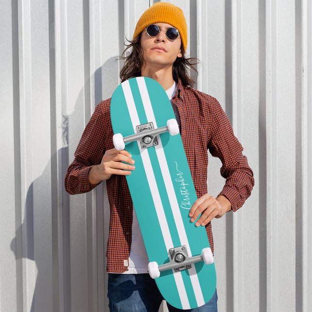 Coola Teal White Tävla Rand Skater Monogram Mini Skateboard Bräda 18,5 Cm (Cool Teal White Racing Stripes Skater Monogram Skateboard)
