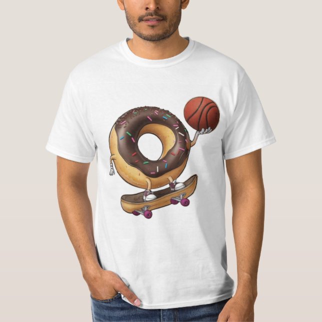 Coola Tecknad Donut Skateboarding med en basket T Shirt (Framsida)