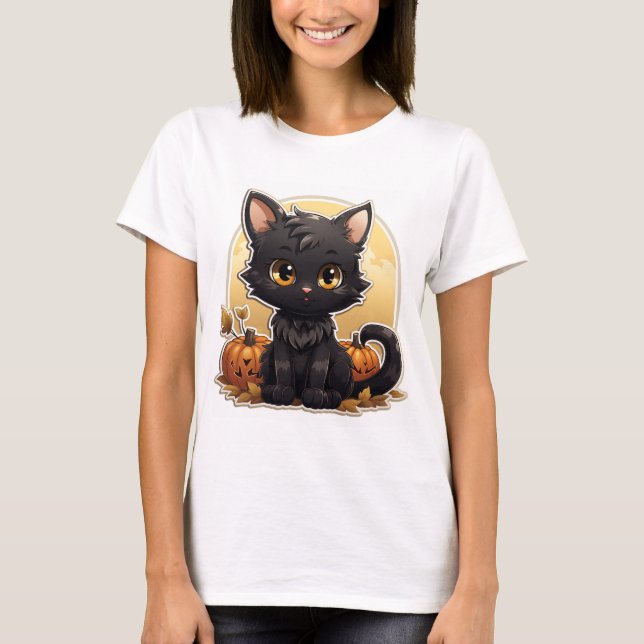 Coola Tecknad Halloween Cat T Shirt (Framsida)