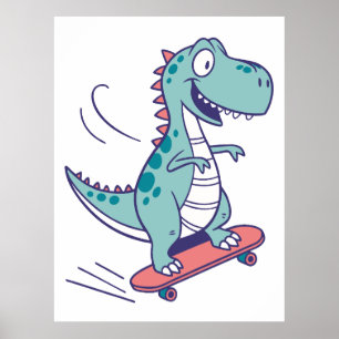 Coola Tecknad T-Rex på Skateboard Poster
