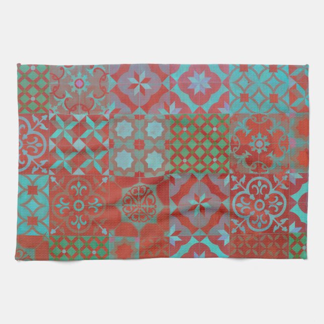 Coola, trendig Aegean-plattor i rött och blått Kökshandduk (Horisontell)