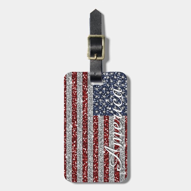 Coola trendig America flagga sherfaux glitter Bagagebricka (Vertikal Framsida)