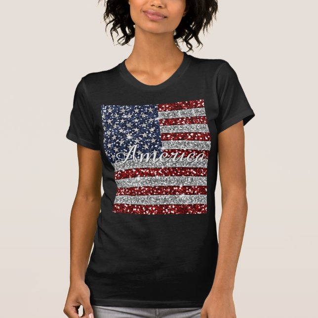 Coola trendig America flagga sherfaux glitter T Shirt (Framsida)