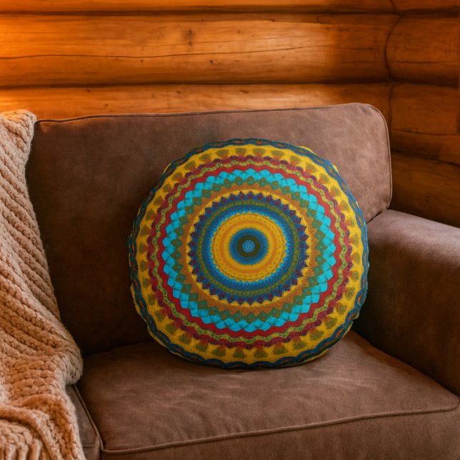 Coola Trendig Blue Red Gult Mandala Tribal Ethnic Rund Kudde (Skapare uppladdad)