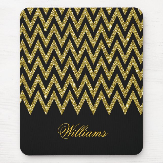 Coola trendig chevron zigzag guld faux glitter musmatta (Framsidan)