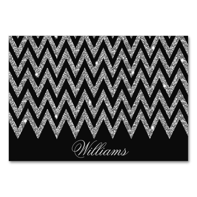 Coola trendig chevron zigzag silver faux glitter bordsnummer (Framsidan)