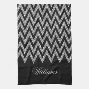 Coola trendig chevron zigzag silver faux glitter kökshandduk