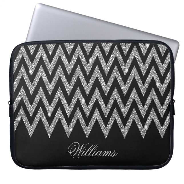 Coola trendig chevron zigzag silver faux glitter laptop fodral (Framsidan)