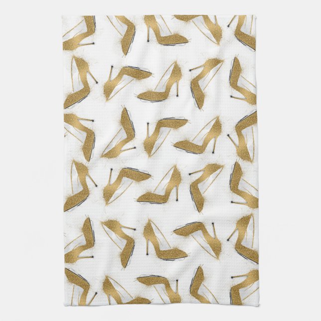 Coola trendig faux högklackskor guld glitter kökshandduk (Vertikal)