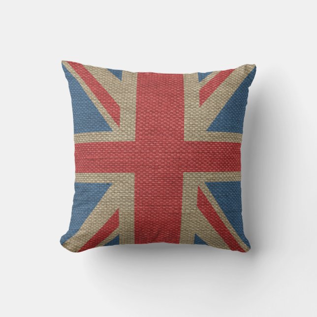 Coola trendig U.K. Union Jack Flagga Burlap strukt Kudde (Framsida)