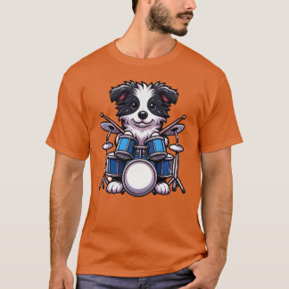 Coola trummis Border Collie Valp Band Musik Design T Shirt