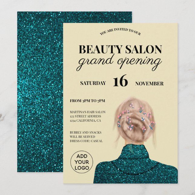 Coola turkos glitter skönhetssalon storöppning inbjudningar (Fram/baksida)