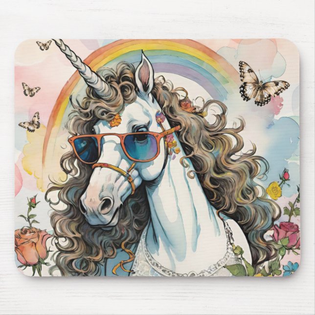 Coola Unicorn i solglasögon med regnbåge Musmatta (Framsidan)