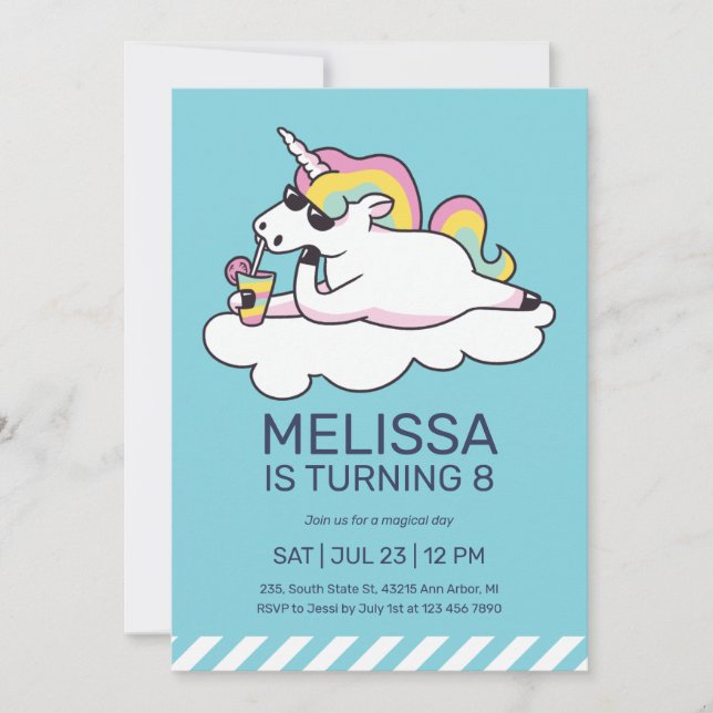 Coola Unicorn Summer Sunglasses Girl Birthday Inbjudningar (Framsida)
