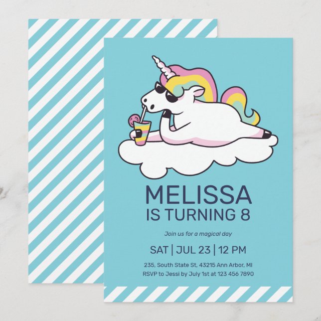 Coola Unicorn Summer Sunglasses Girl Birthday Inbjudningar (Fram/baksida)