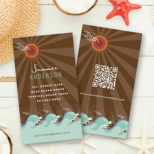 Coola Vågar Tropical Summer Sol Brown Rand Beach Visitkort (Cool Aqua Waves Tropical Summer Sun Brown Stripes Beach Business Card @ fat_fa_tin)
