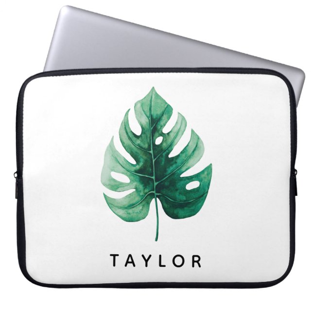 Coola Vattenfärgsfärgad Grönt Tropical Monstera Lö Laptop Fodral (Framsidan)