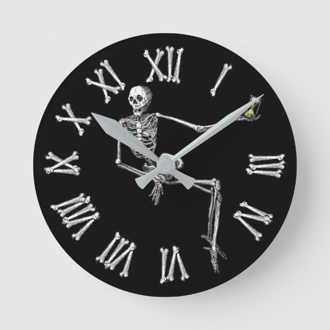 Coola Vintage Skeleton med Hourglass Halloween Rund Klocka (Framsida)