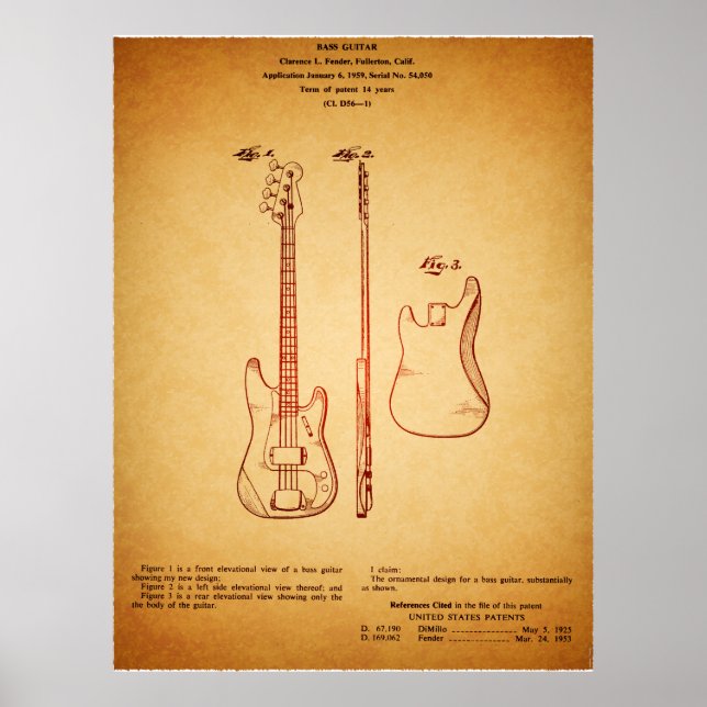 Coola Vintage Tittar Berömd Bass Guitar Patent Poster (Framsidan)