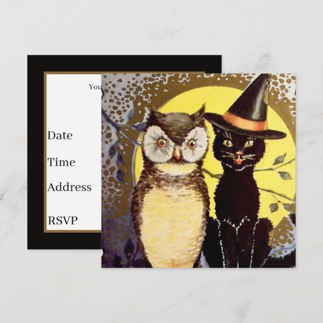 coola vintage uggla katt inbjudningar (Fram/baksida)