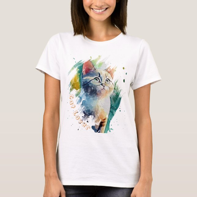 Coola Watercolor Cat porträtt T-shirt (Framsida)