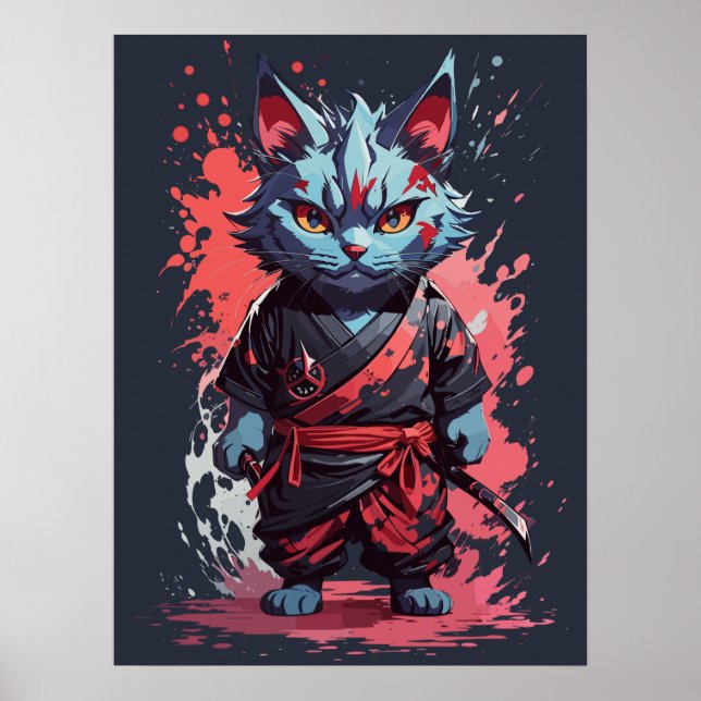Coola Watercolor Grått Ninja Cat Warrior Poster (Framsidan)