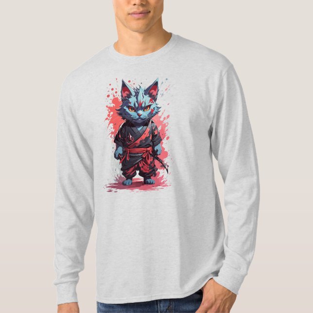 Coola Watercolor Grått Ninja Cat Warrior T Shirt (Framsida)