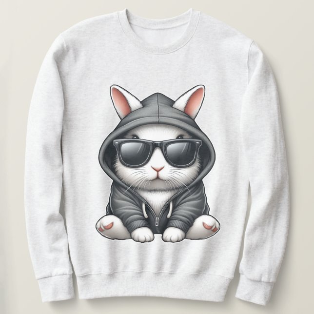 Coola White Rabbit in Hoodie and Sunglasses Lång Ärmad Tröja (Design framsida)