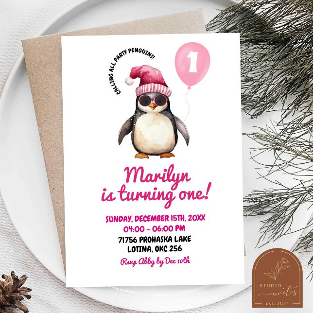 Coola Winter Rosa Penguin First Birthday Girl Inbjudningar (Skapare uppladdad)