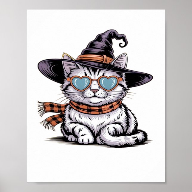 Coola Witch Cat - Cute Halloween Kattunge med Hear Poster (Framsidan)
