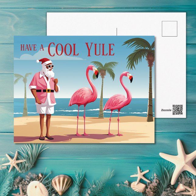 Coola Yule Santa och Flamingos Beach-jul Helg Vykort (Cool Yule Santa and Flamingos Beach Christmas Holiday Postcard)