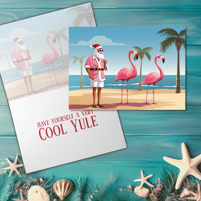 Coola Yule Santa och Flamingos Beach-jul Helgkort (Cool Yule Santa and Flamingos Beach Christmas Holiday Card)