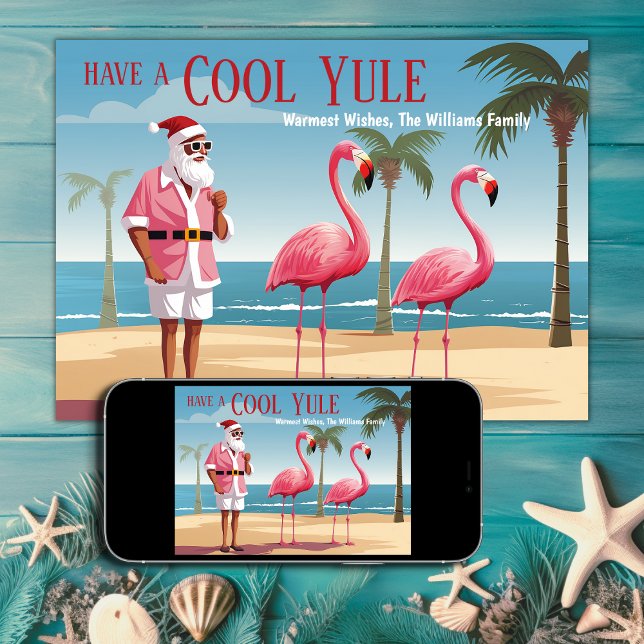 Coola Yule Santa och Flamingos Beach-jul Julkort (Printed and Digital - Cool Yule Santa and Flamingos Beach Christmas Holiday Card)