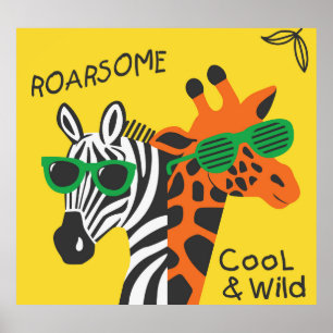 Coola Zebra Giraffe Tecknad Illustration Poster