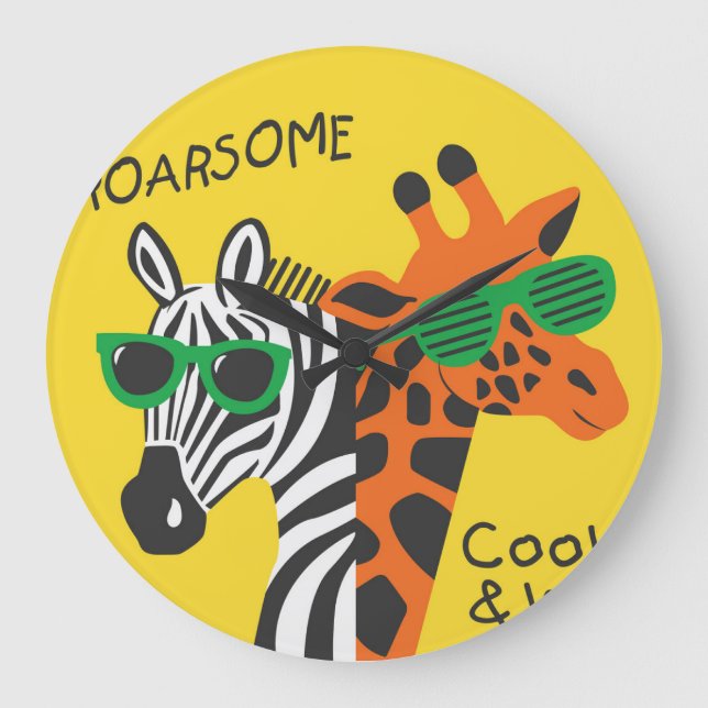 Coola Zebra Giraffe Tecknad Illustration Stor Klocka (Framsida)