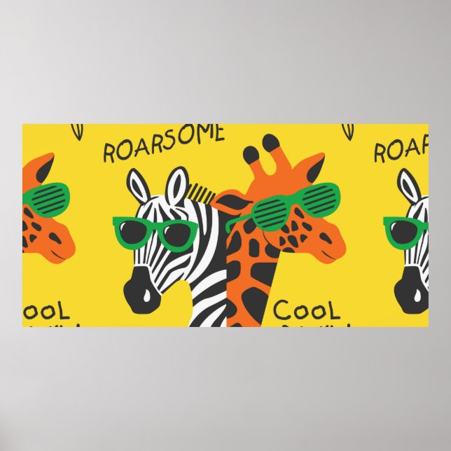 Coola zebra och giraffkläder på gult b poster (Framsidan)