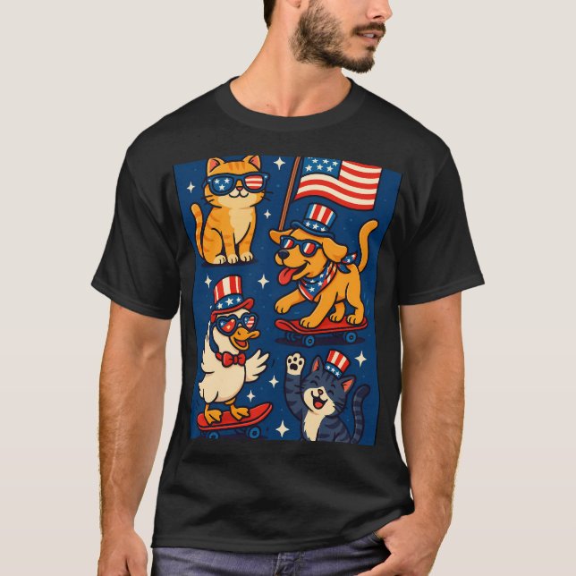 Coolan Cute Patriotic Pets Hund, Cat & Anka Tee (Framsida)